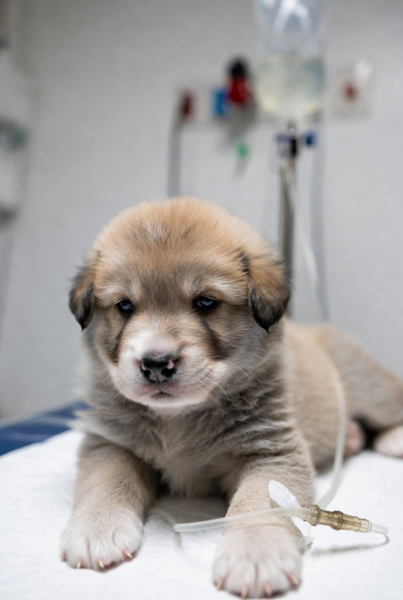Puppy with parvovirus receiving intensive IV fluid therapy and monitoring in a veterinary hospital