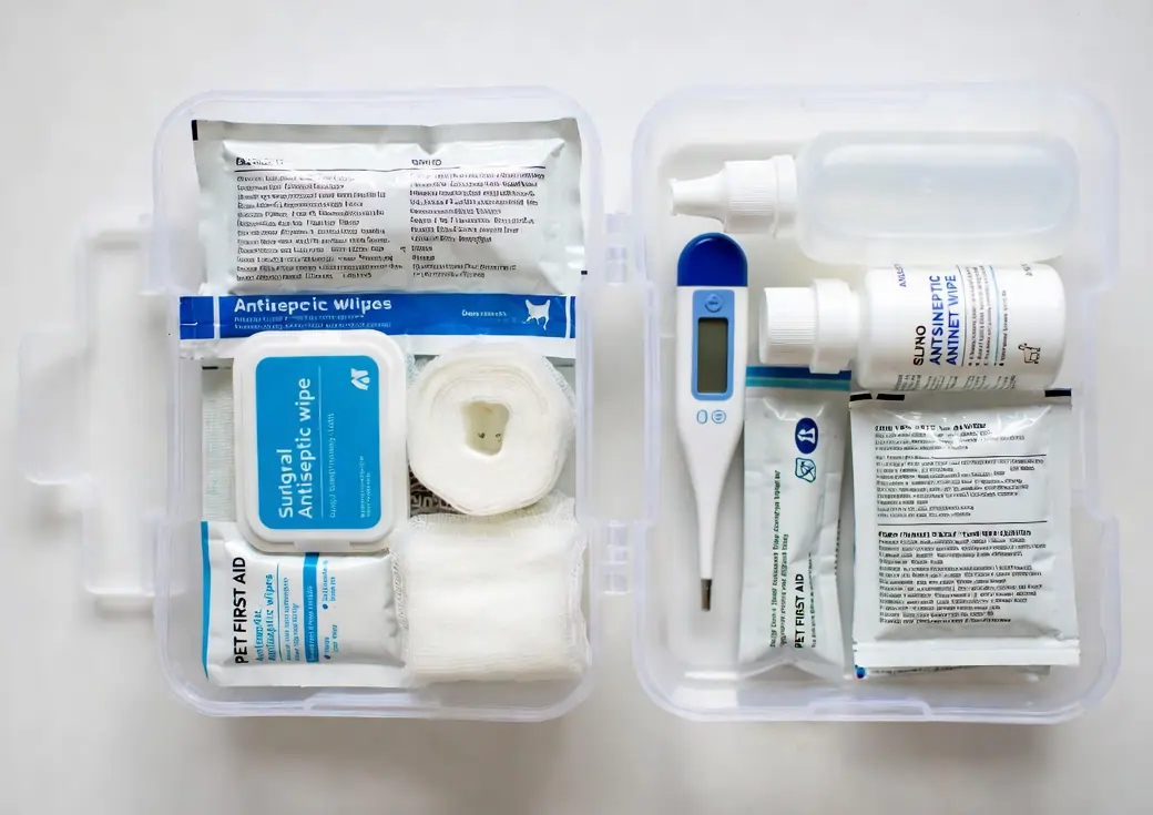 A well-stocked pet first aid kit with gauze, antiseptic, thermometer and saline