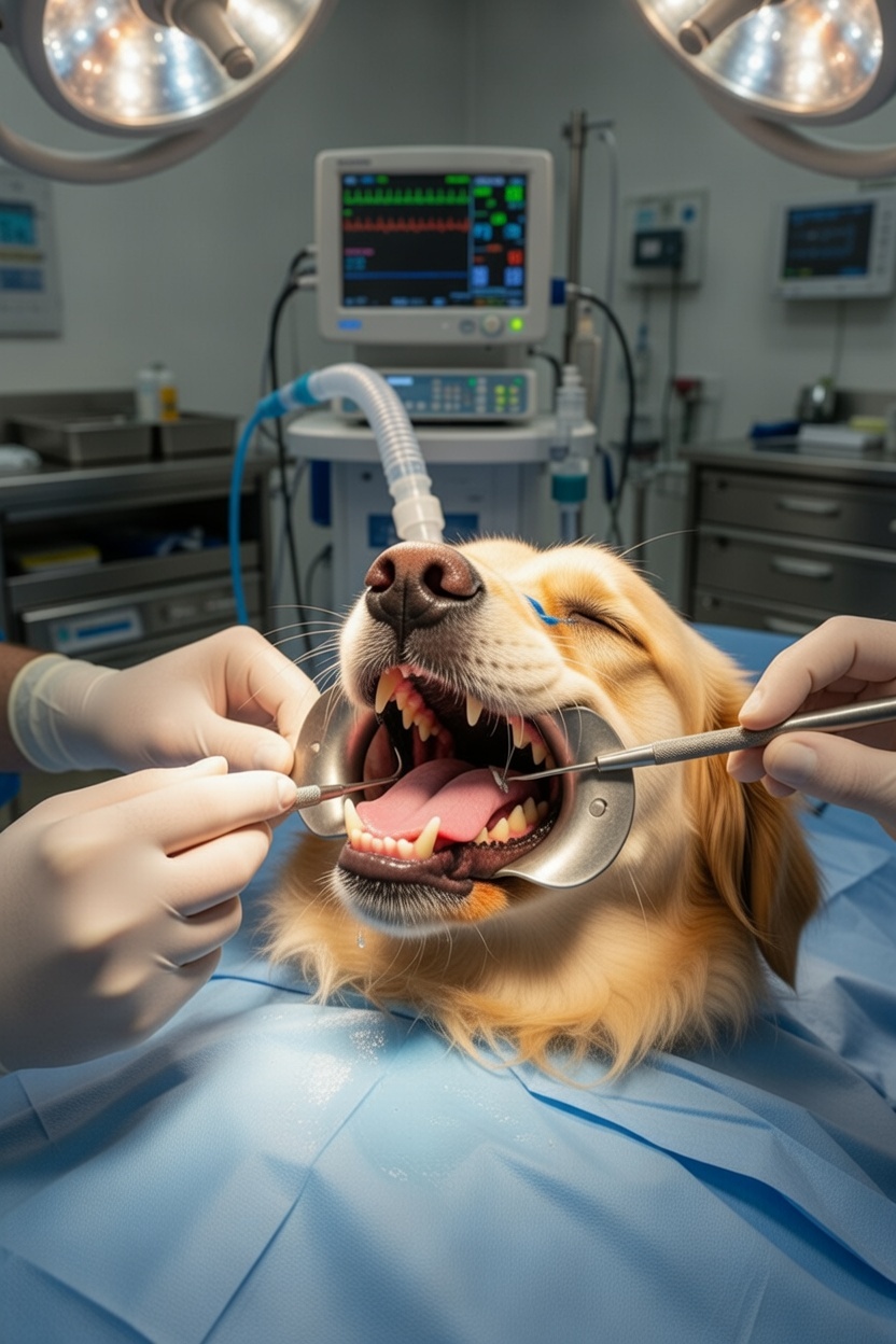 Dog undergoing professional dental cleaning under general anaesthesia — full-mouth radiography and subgingival scaling