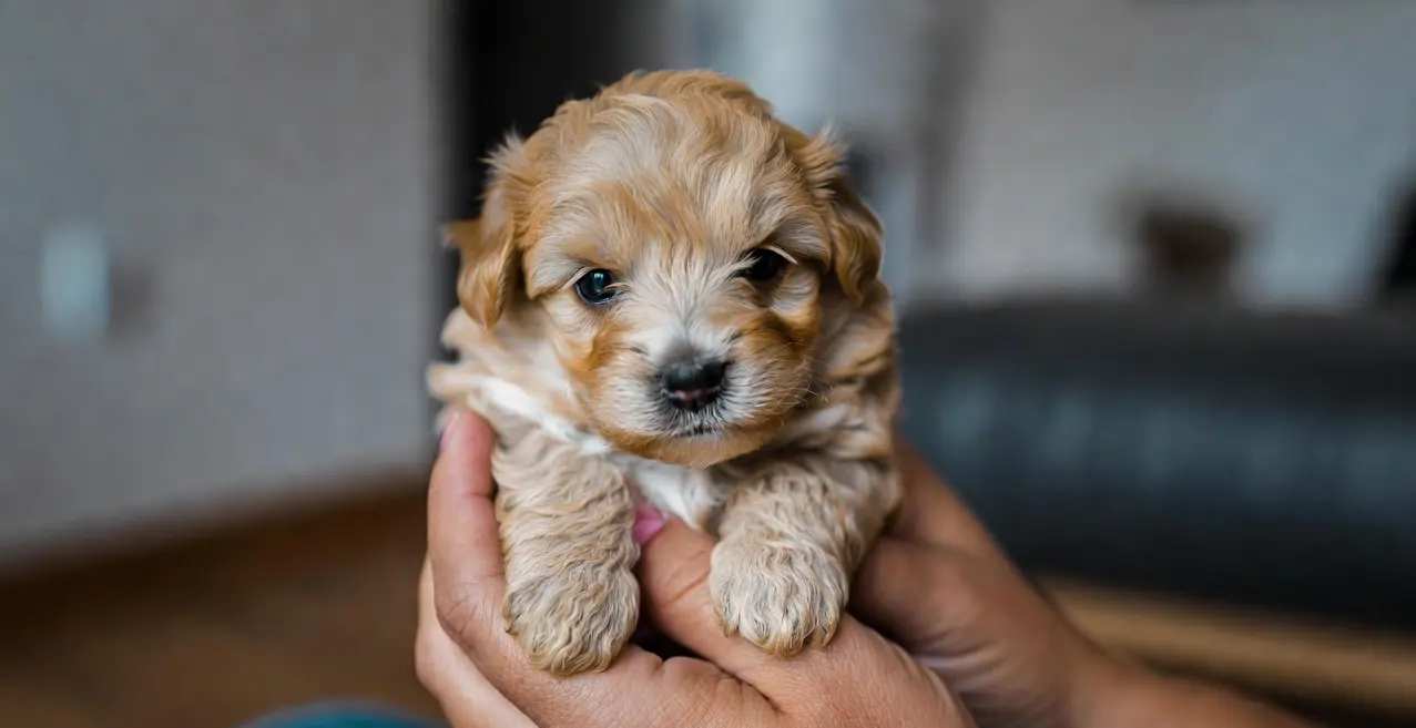 New puppy being held by owner at home — the first weeks are the most formative of a dog's life
