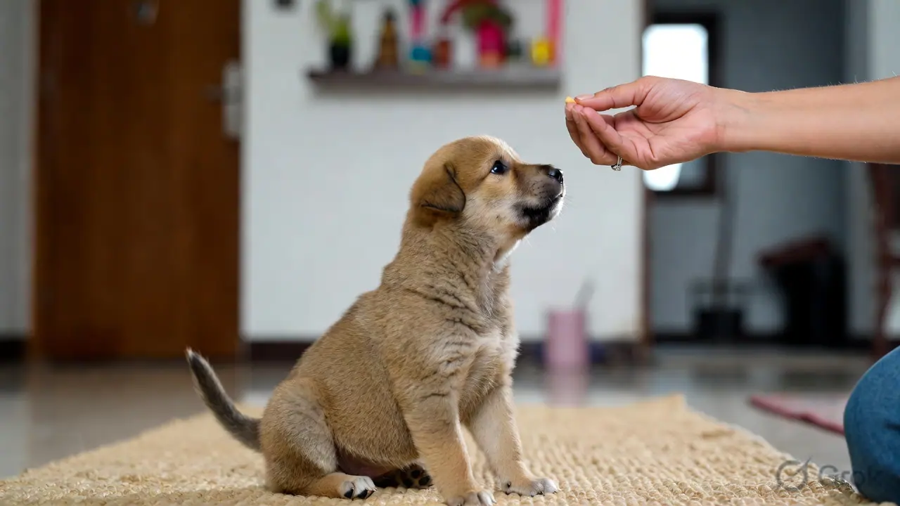 A puppy being trained with treat rewards in an Indian home — the puppy socialisation window closes at 12–16 weeks, making early positive experiences the highest-value training investment