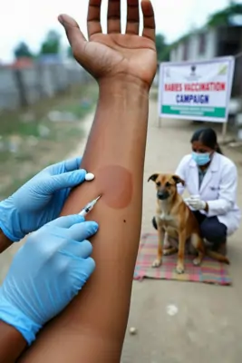 Veterinarian administering rabies vaccine to a dog