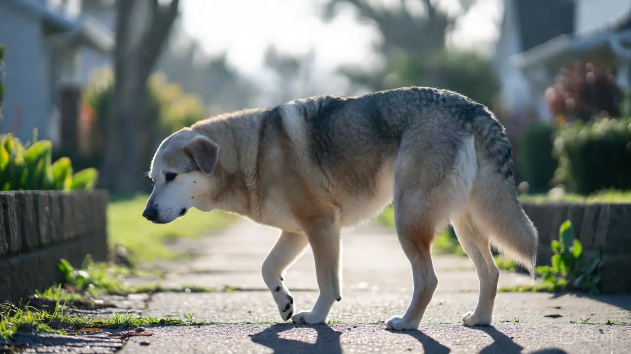 A senior dog walking stiffly on a morning walk — an early sign of joint stiffness and arthritis