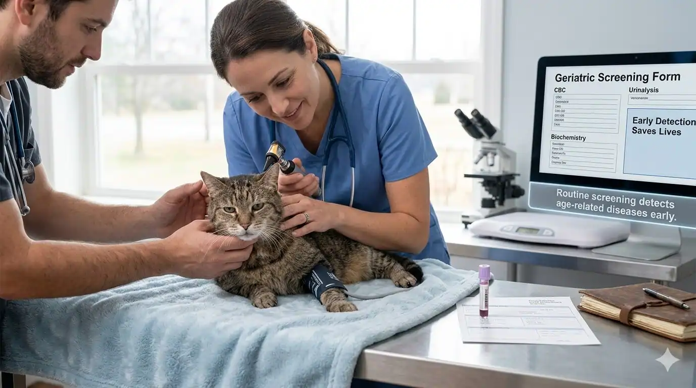 Senior cat receiving geriatric wellness exam — routine screening detects age-related diseases early