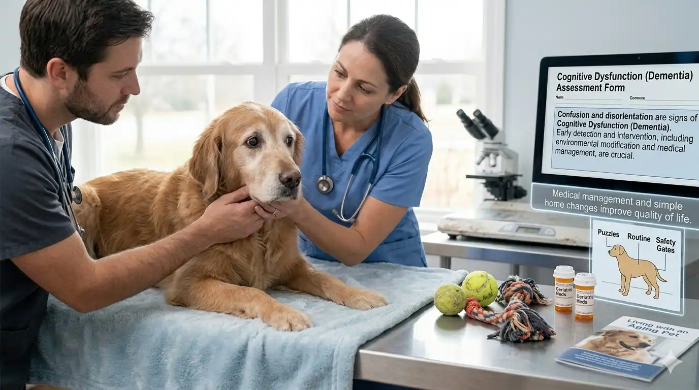 Senior dog appearing confused or disoriented — cognitive dysfunction requires environmental modification and medical management