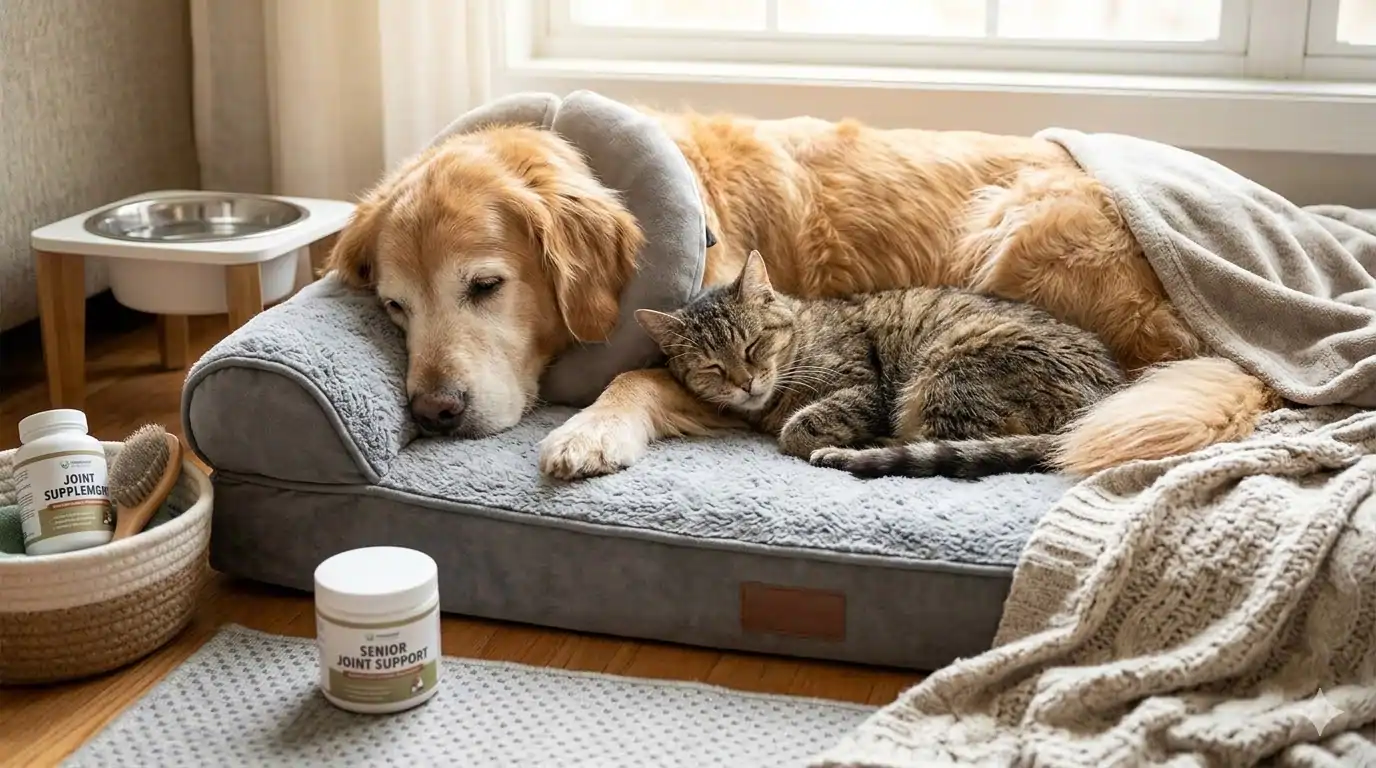 Senior dog resting comfortably — proper geriatric care maintains quality of life through aging years