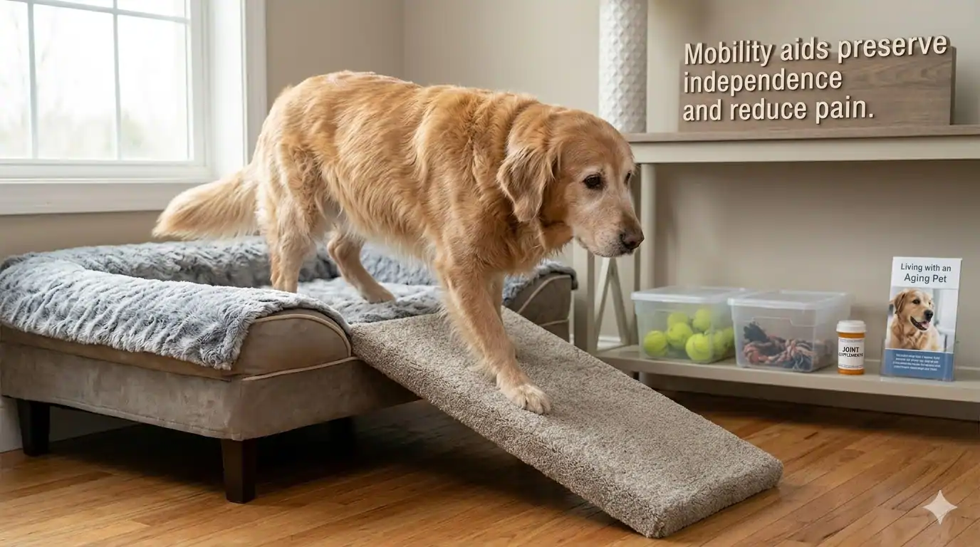 Senior dog using ramp and orthopedic bed — mobility aids preserve independence and reduce pain