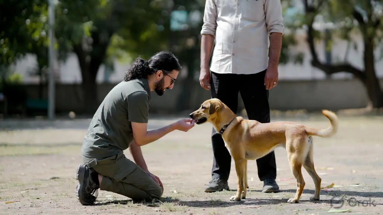 A certified positive reinforcement dog trainer working with a dog and owner in India — professional help is appropriate for aggression, severe anxiety, and behaviours that self-help protocols have not resolved