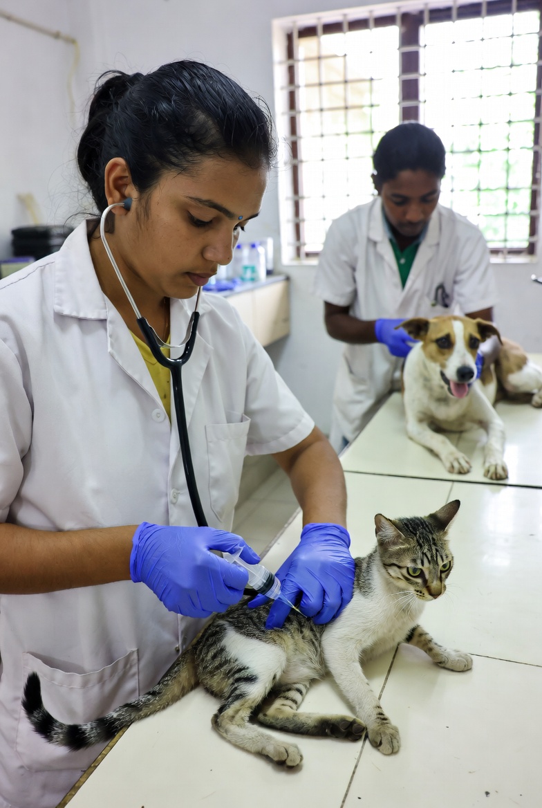 Veterinarian vaccinating a cat